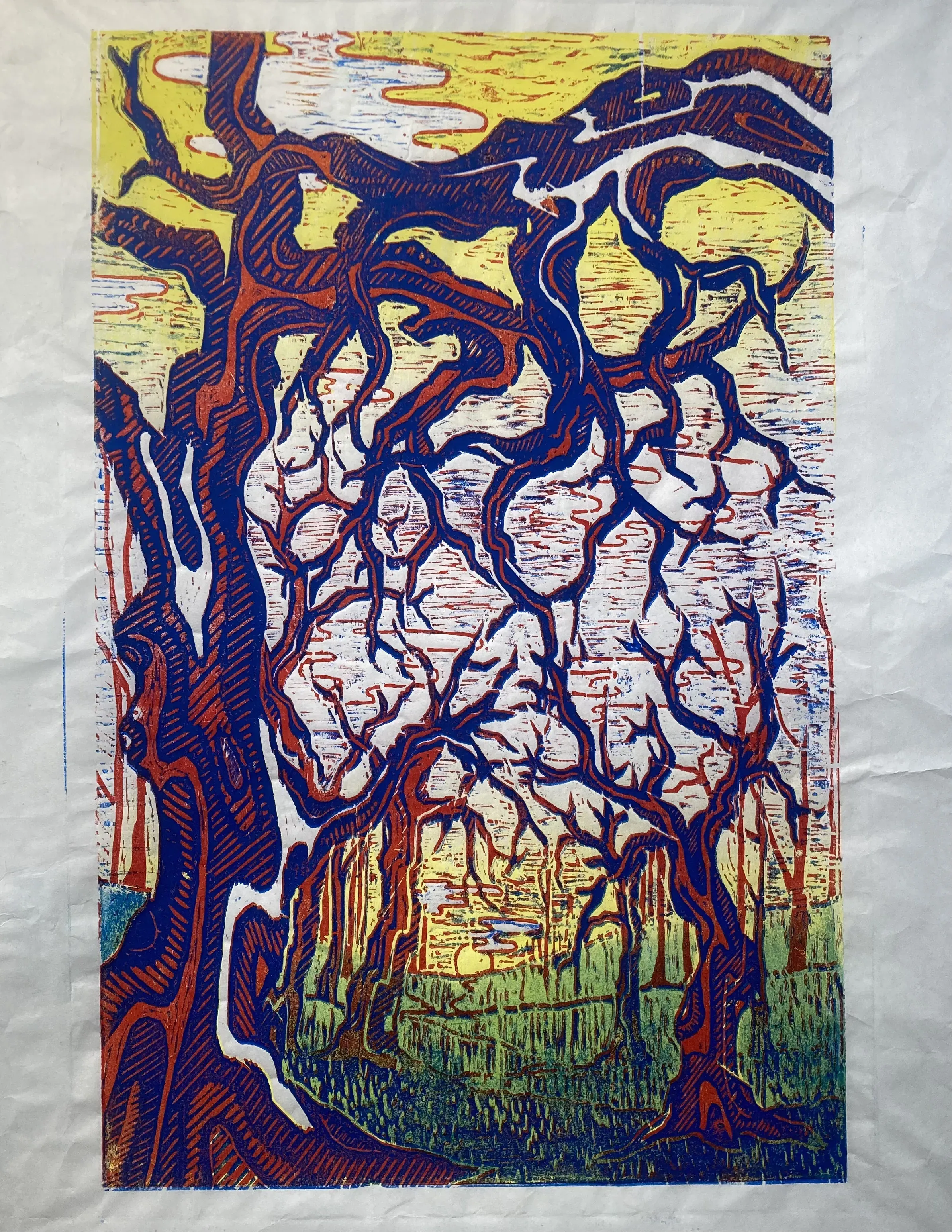 primary trees- 2023- woodblock print